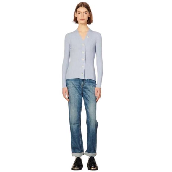 Sandro Sweaters - Sandro Womens Career Silk Blend Stretch Fitted Ribbed Logo Cardigan Size 4